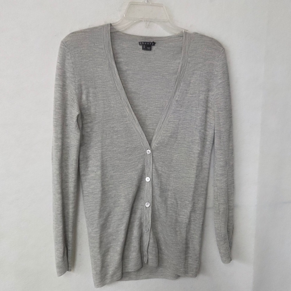 Theory Orhila Preen Wool Cardigan Light Grey Ribbed‎ V Neck Button Front M Flaw